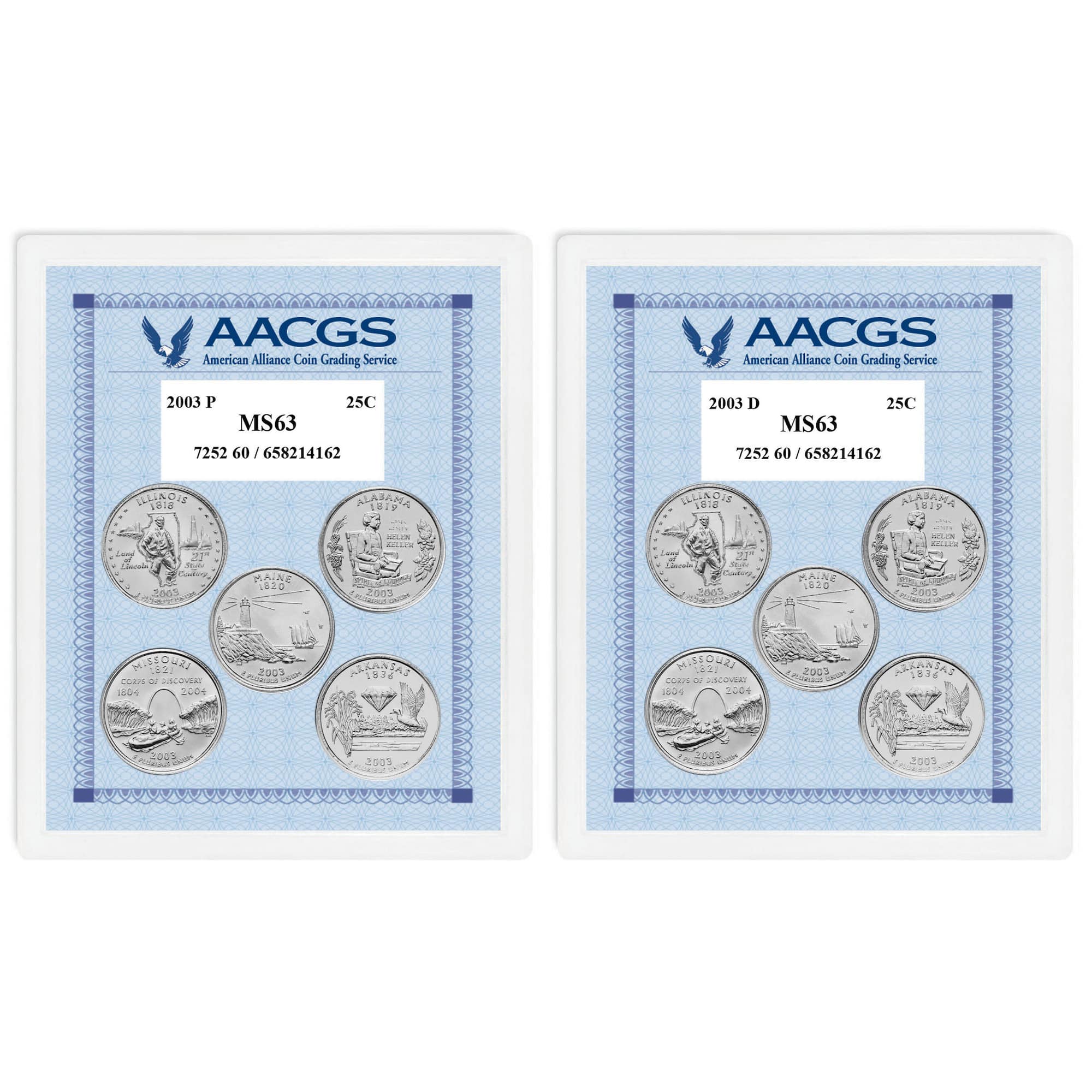 2003P & 2003D Statehood Quarters Graded MS63 Brilliant Uncirculated